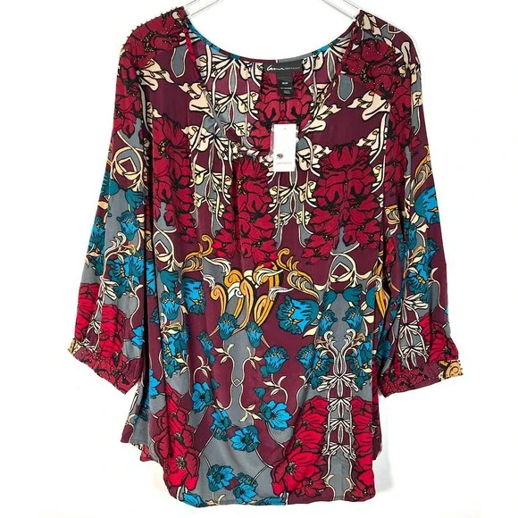 NEW! Lane Bryant Women's Floral Beaded Top 26/28 Maroon Blue 3/4 Sleeve Boho $59 - Picture 1 of 7